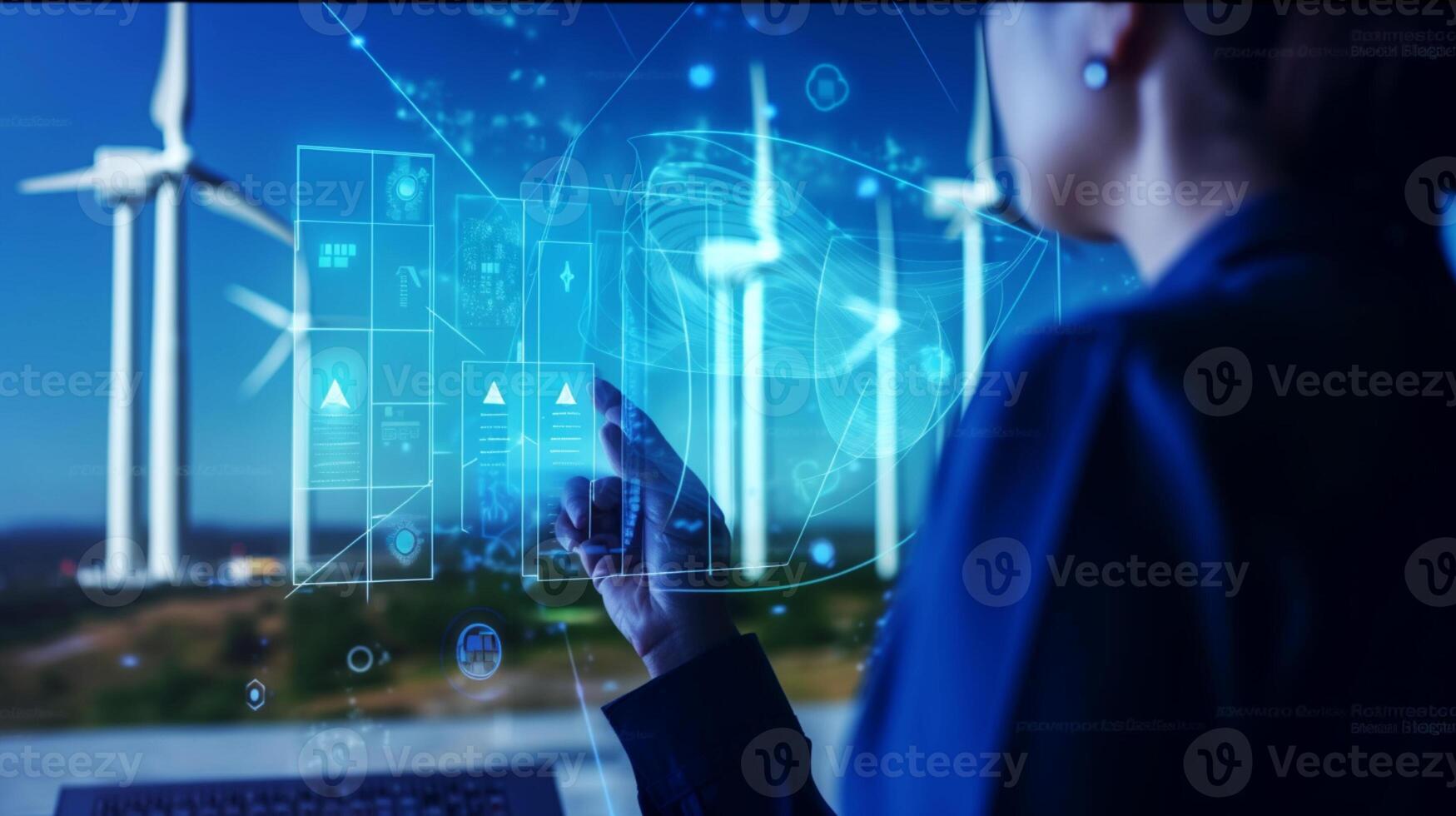 Engineer inspecting wind turbine by examining the quality and efficiency of electricity generated through the hologram HUD, Energy conservation photo
