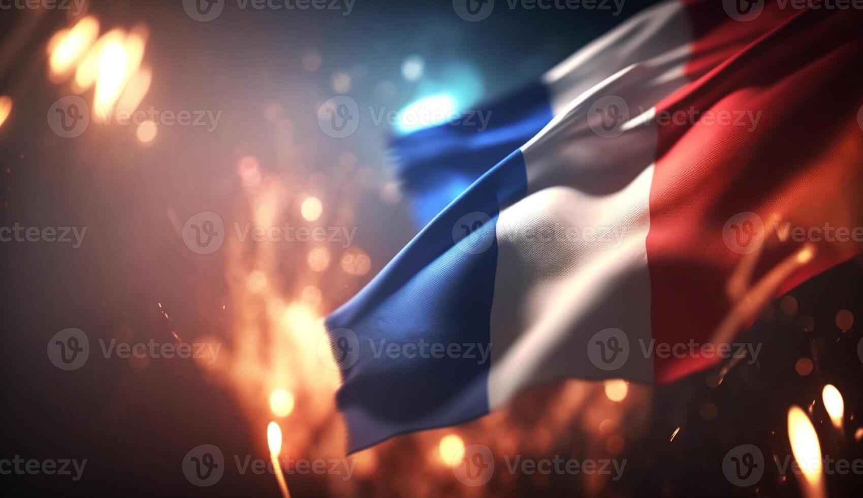 Bastille día Francia julio, un contento celebracion con fuegos artificiales desfiles, y bandera ai generado foto