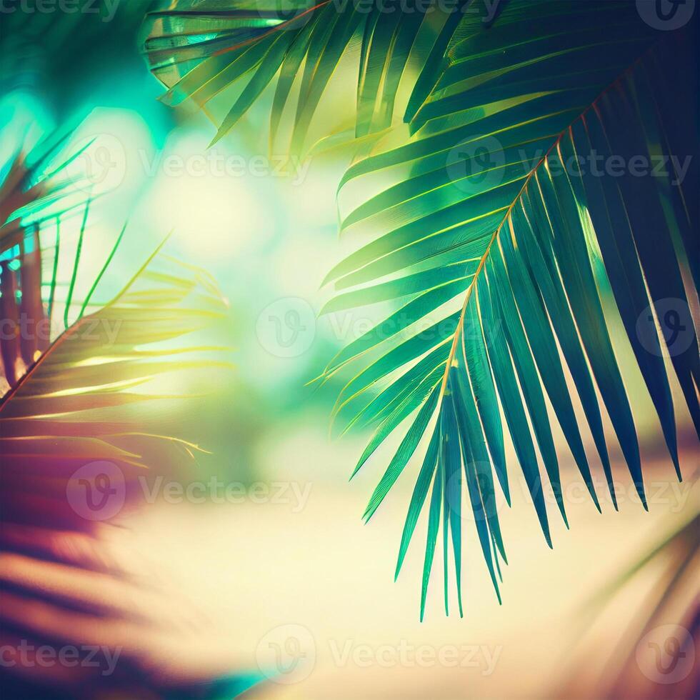 Blur beautiful nature green palm leaf on tropical beach with bokeh sun light flare wave abstract background. Summer vacation and business travel concept space - image photo