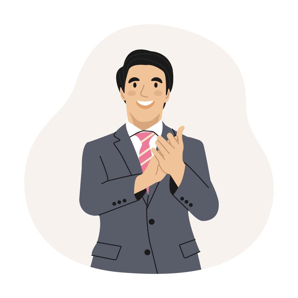 Smiling Man Office worker Applauding. A man in a business suit. Promotion, demonstration and admiration concept. Vector illustration.