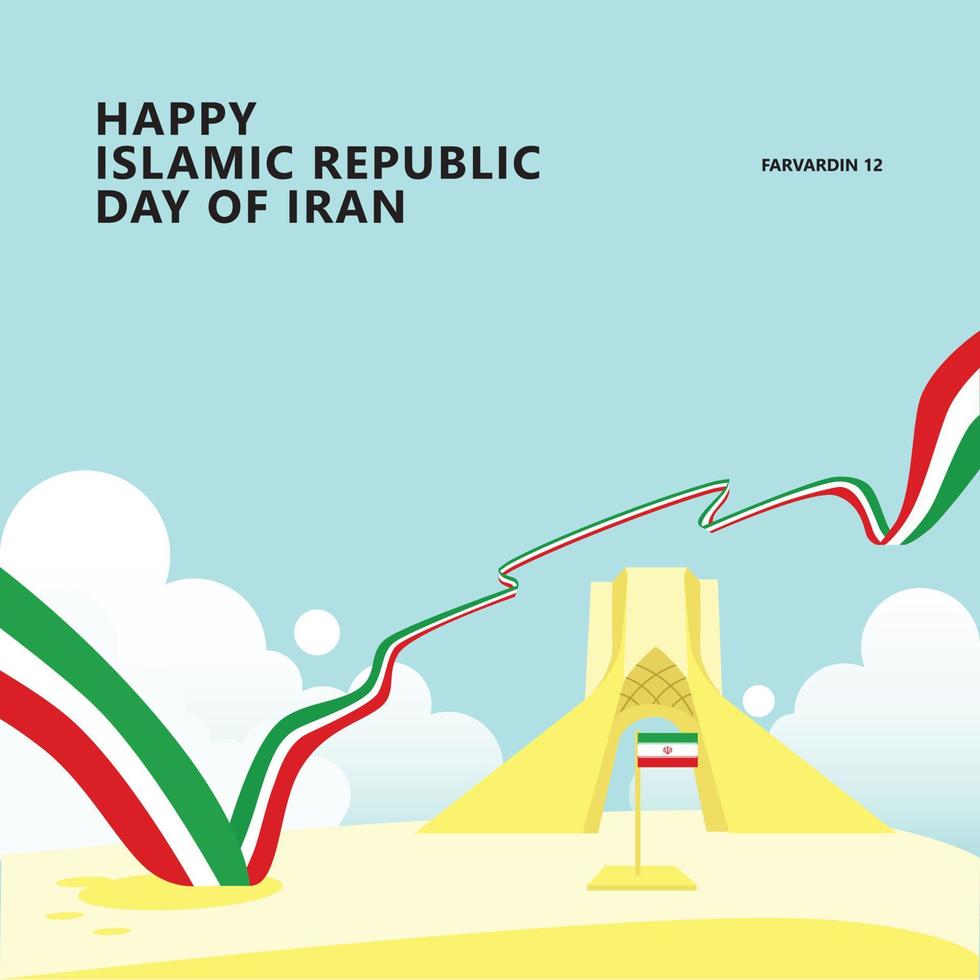 Islamic Republic Day of Iran vector illustration with a long flag and Azadi Tower in Tehran. Middle East country public holiday greeting card. Suitable for social media post.