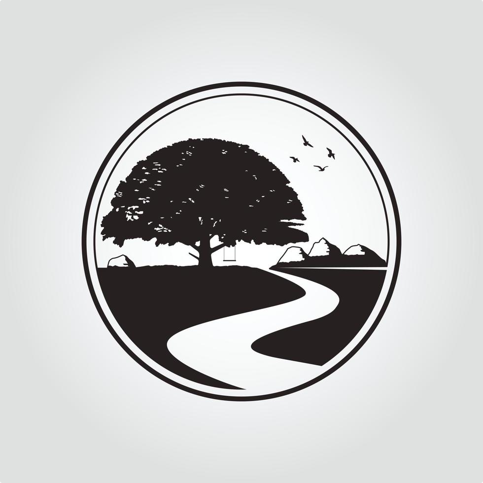 roble árbol Clásico logo con río o arroyo. naturaleza paisaje vector diseño.