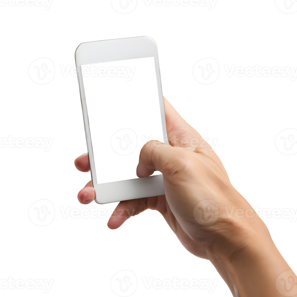 Hand holding smartphone with blank screen. png