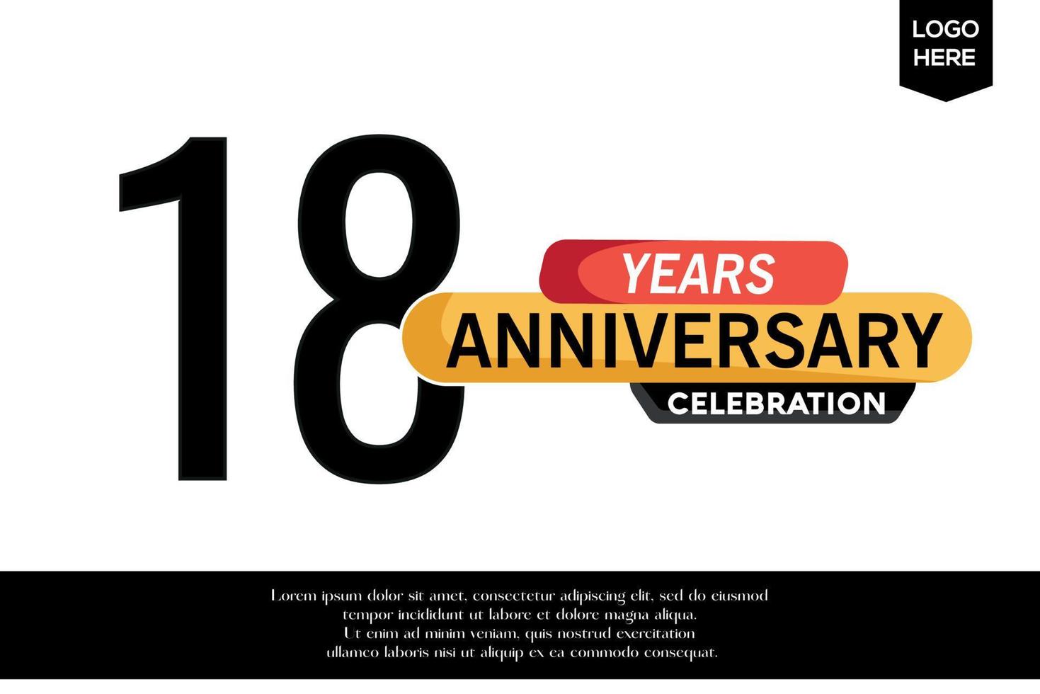 18 aniversario celebracion logotipo negro amarillo de colores con texto en gris color aislado en blanco antecedentes vector modelo diseño