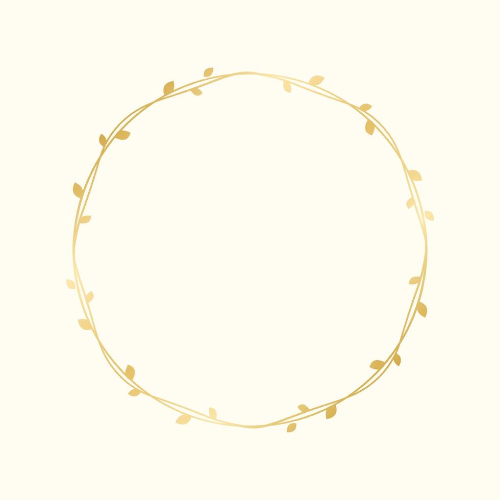 Circle golden frame with botanical design. Round vine frame wedding elegant wreath. Vector isolated illustration.