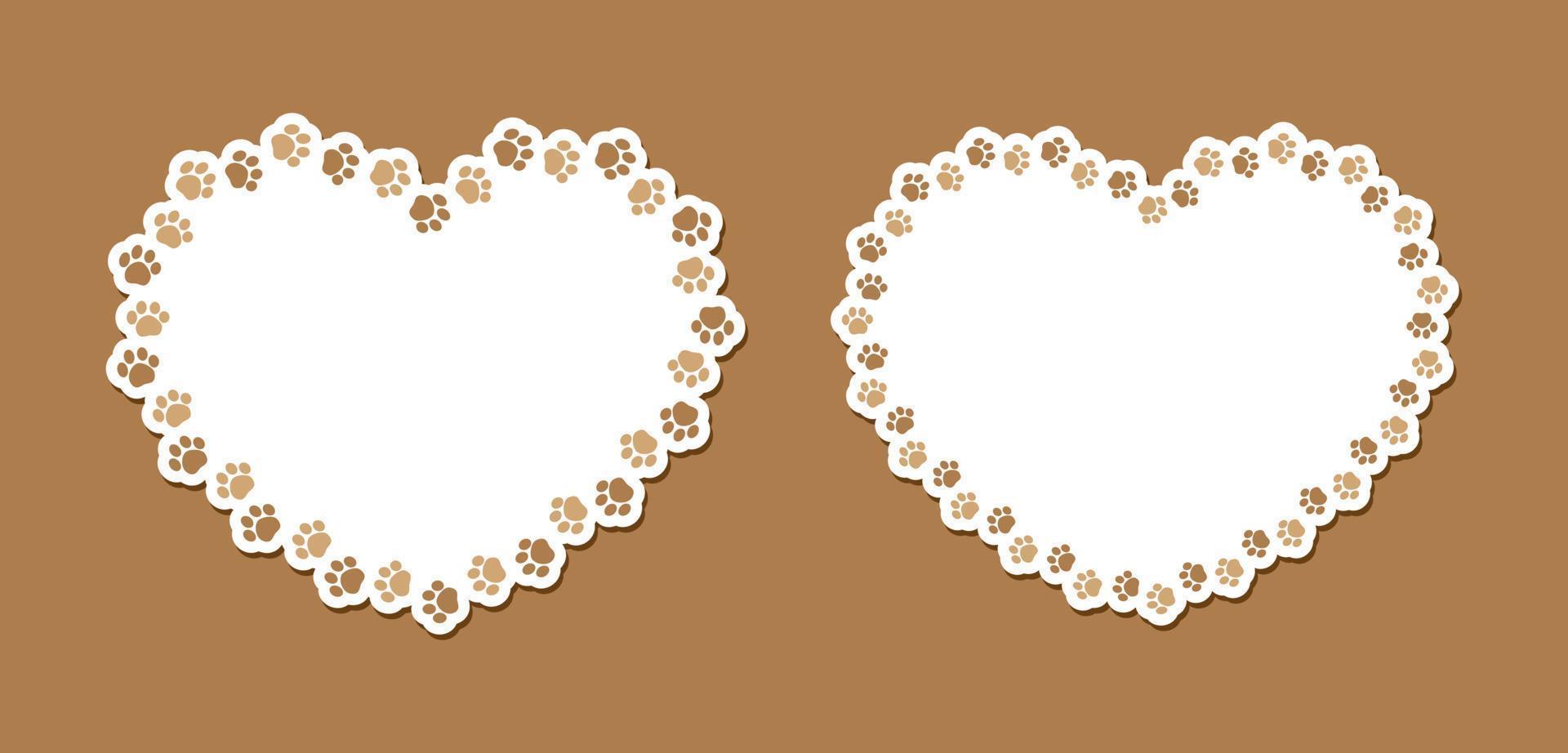 Heart shaped frame made of animal paw prints with empty space for your text and images. Cute Valentines, animal lover dog paw print border. vector