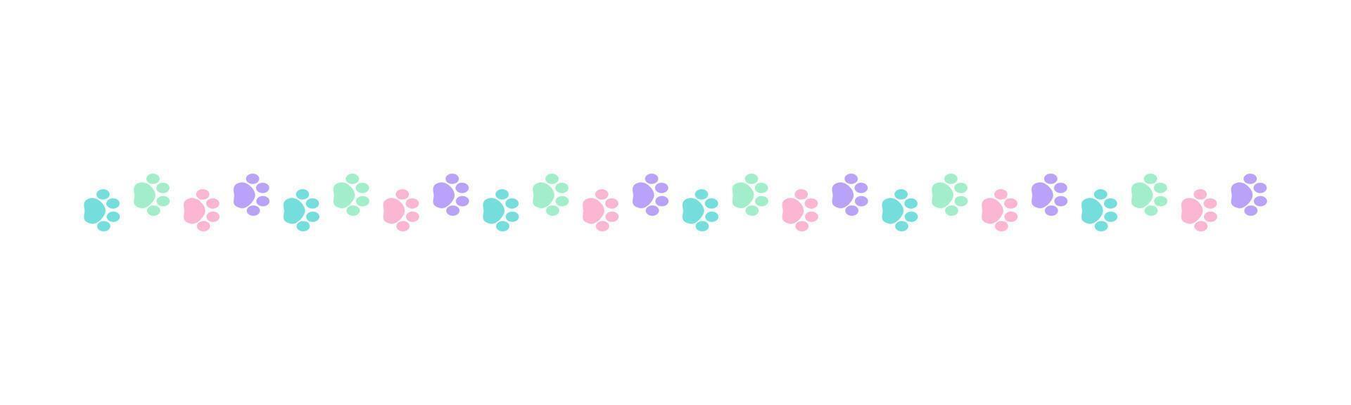 Cute pastel footprints of pets, dog or cat separator border. Paw print pattern, animal track walking vector illustration design element.