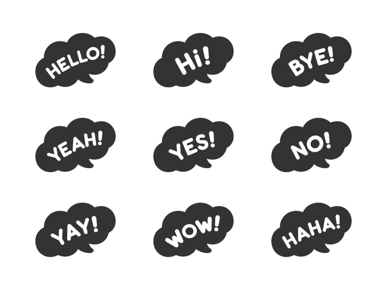 Cute speech bubble with short phrases hello, bye, yes, no, yay, cool, wow, haha icon set. Simple flat vector illustration.