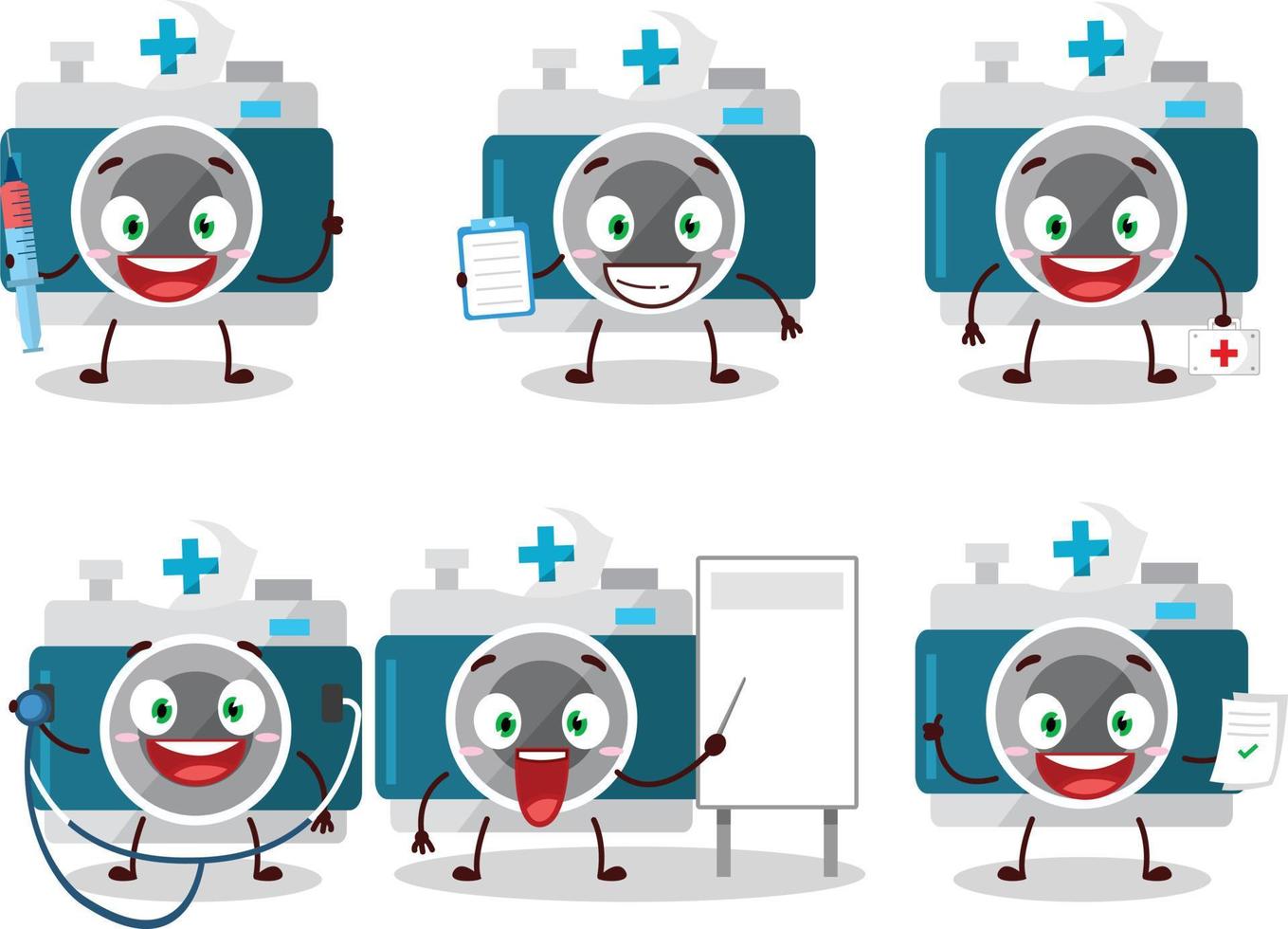 médico profesión emoticon con cámara bolsillo dibujos animados personaje vector