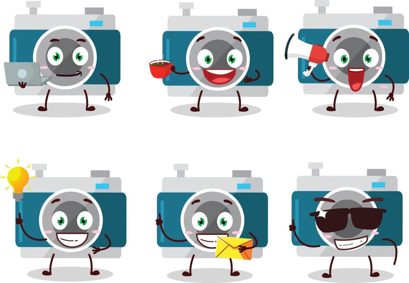 Camera pocket cartoon character with various types of business emoticons vector