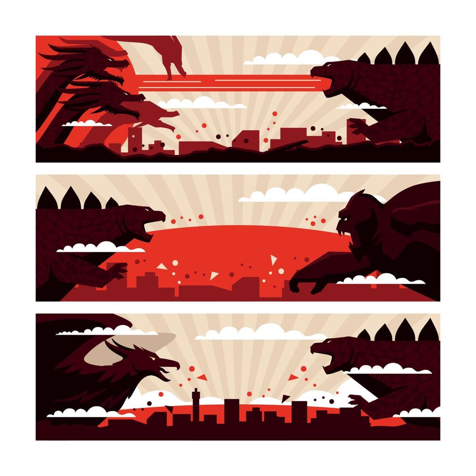 The Battle of the Lizard Monster with Its Opponent Banners Set vector