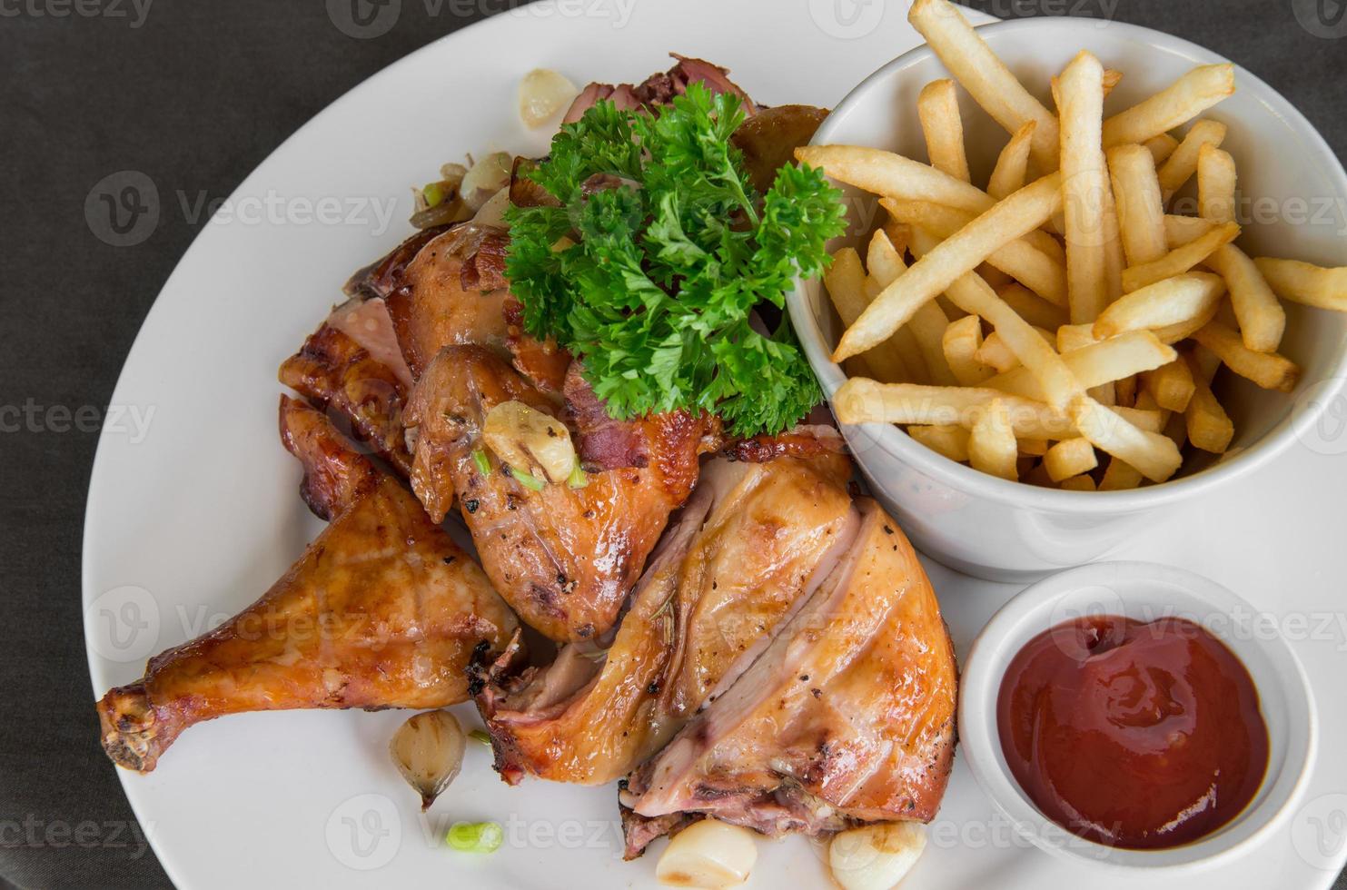 Meat Dishes - Grilled Chicken with French fried photo