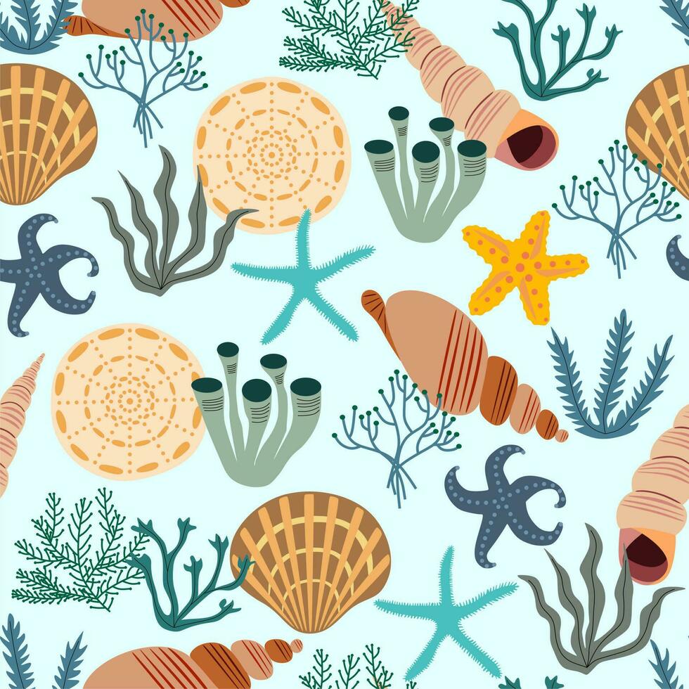 Seamless blue summer underwater pattern. Vector illustration. Various shells, seaweeds and stars