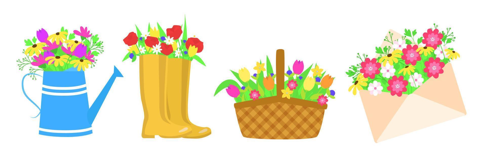 Set of bouquets of flowers. Collection spring flowers in boots, envelope, basket. Vector illustration.