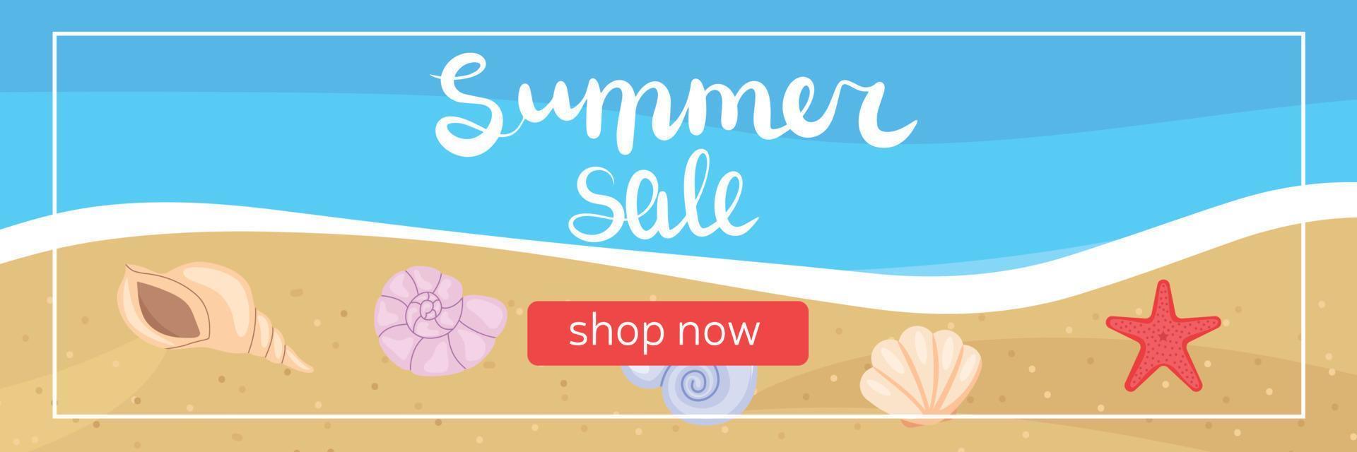 Summer sale long banner. Shop now button. Sea and beach with shells top view. Vector illustration.