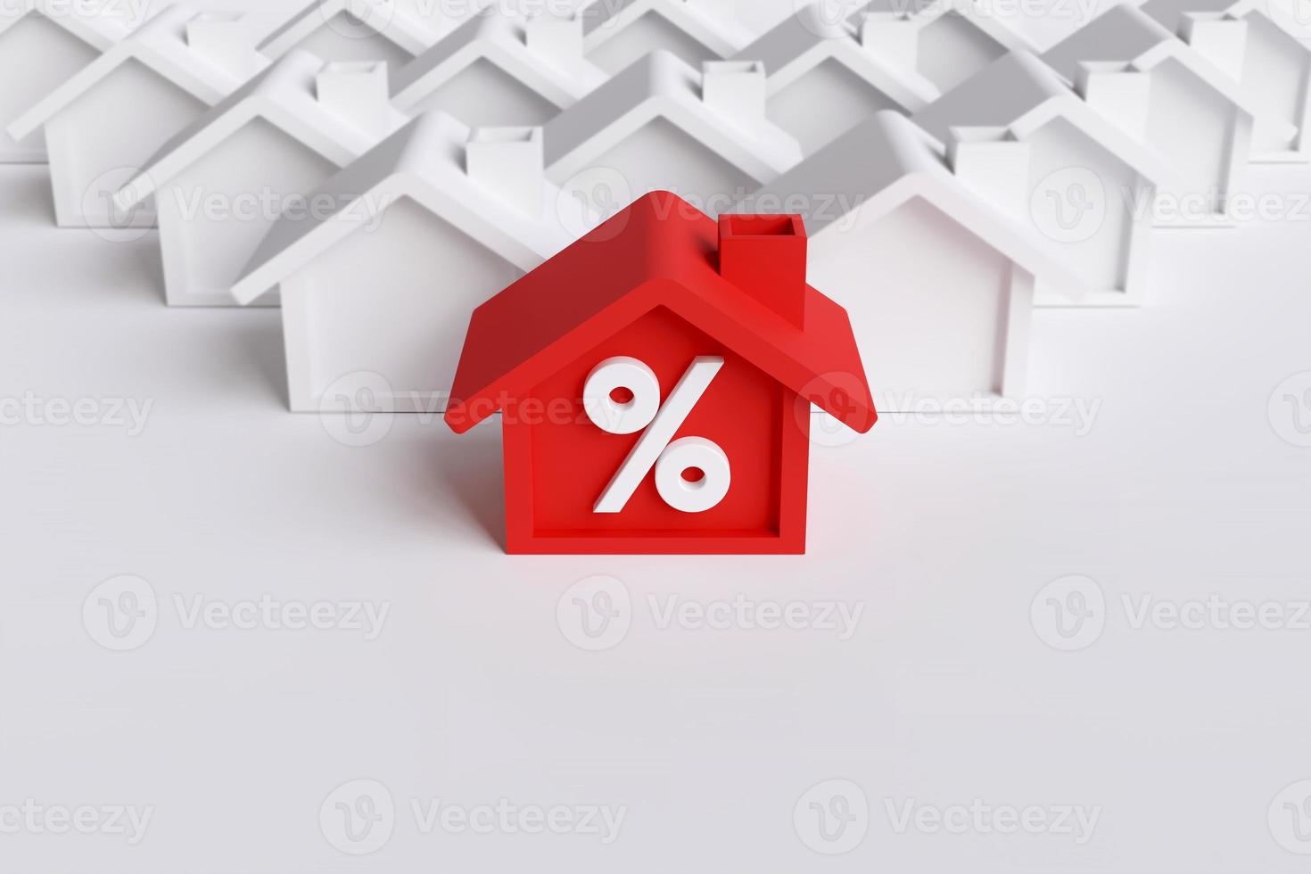 concept of house installments with banks, real estate taxes and rising interest rates, home installment loan promotion. Red house with percentage icon among white houses with copy space. photo