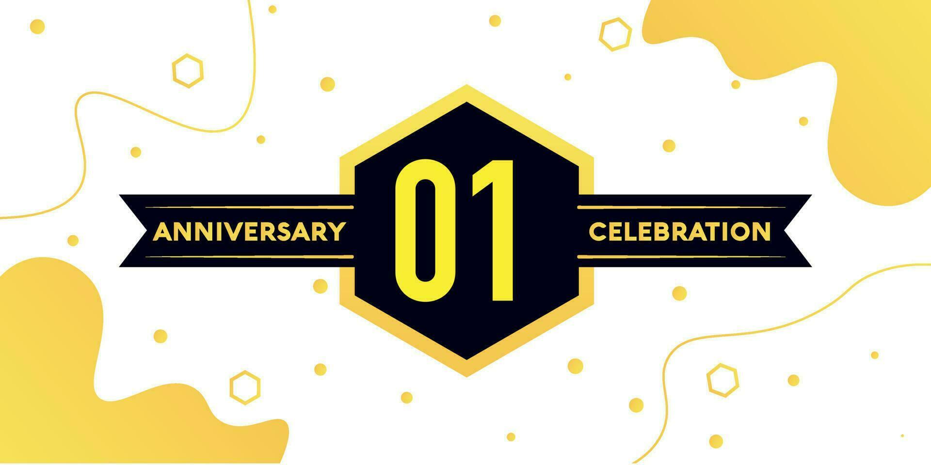 01 years anniversary logo vector design with yellow geometric shape with black and abstract design on white background template