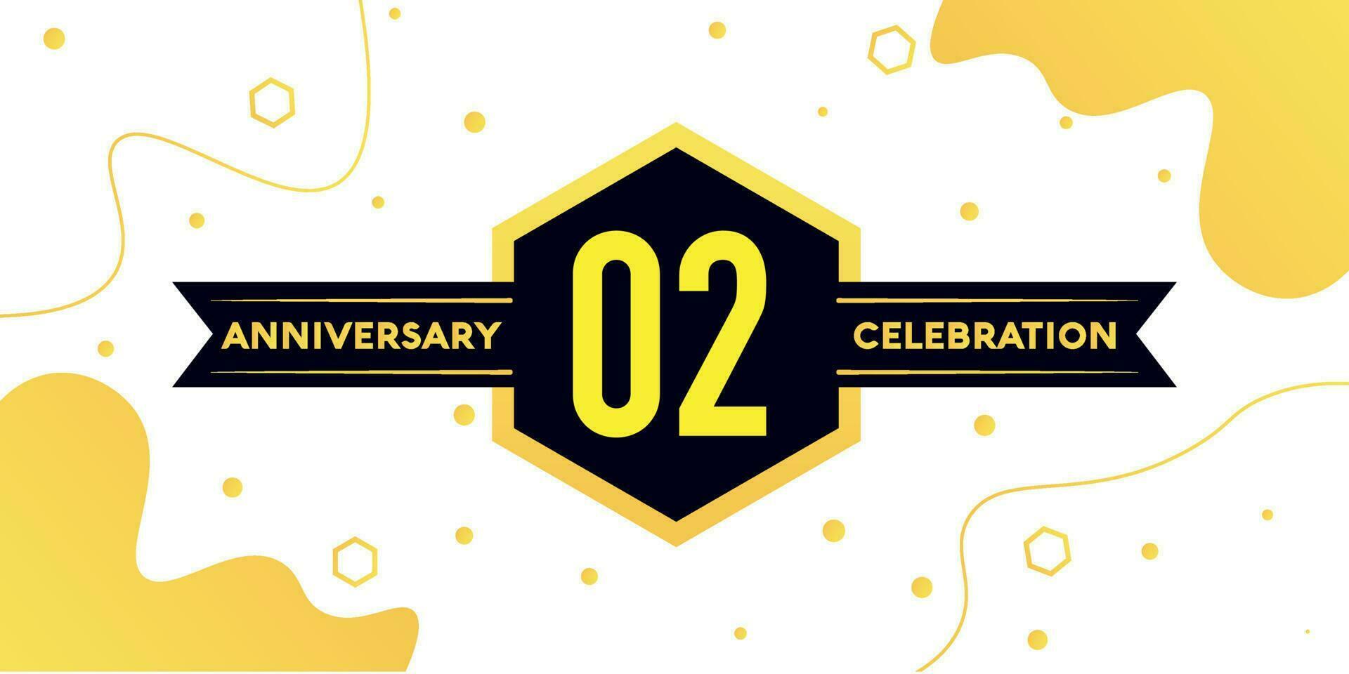 02 years anniversary logo vector design with yellow geometric shape with black and abstract design on white background template