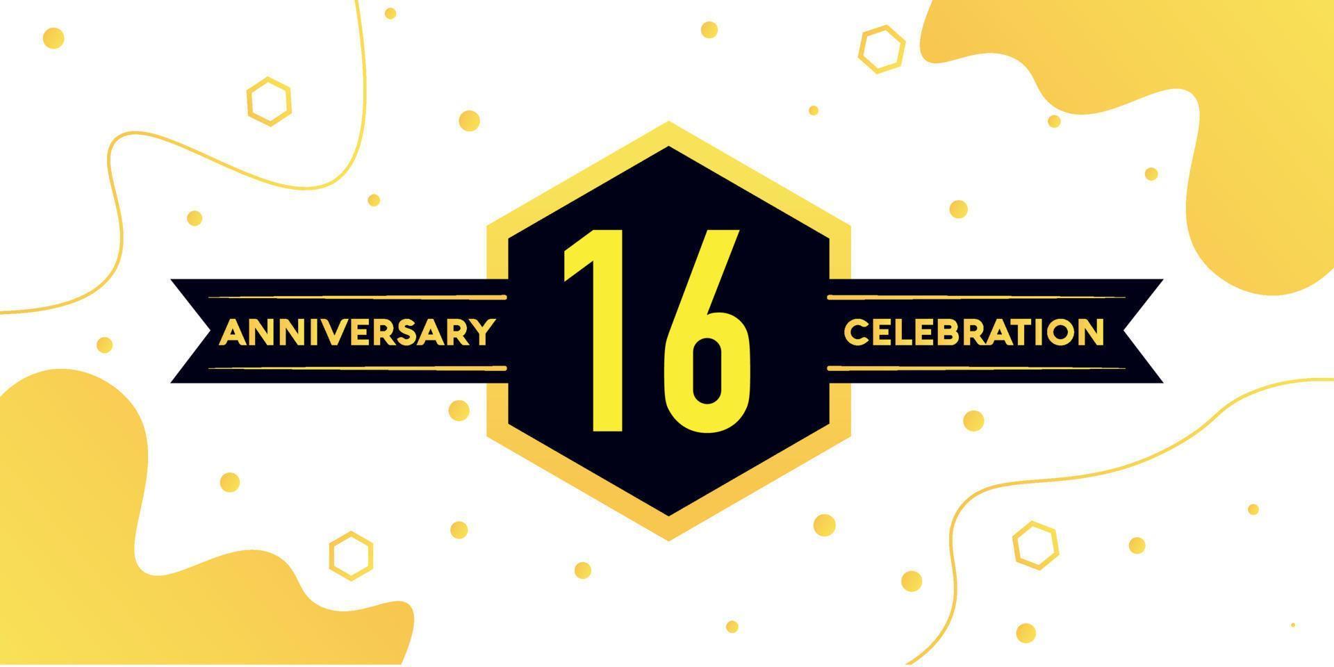 16 years anniversary logo vector design with yellow geometric shape with black and abstract design on white background template