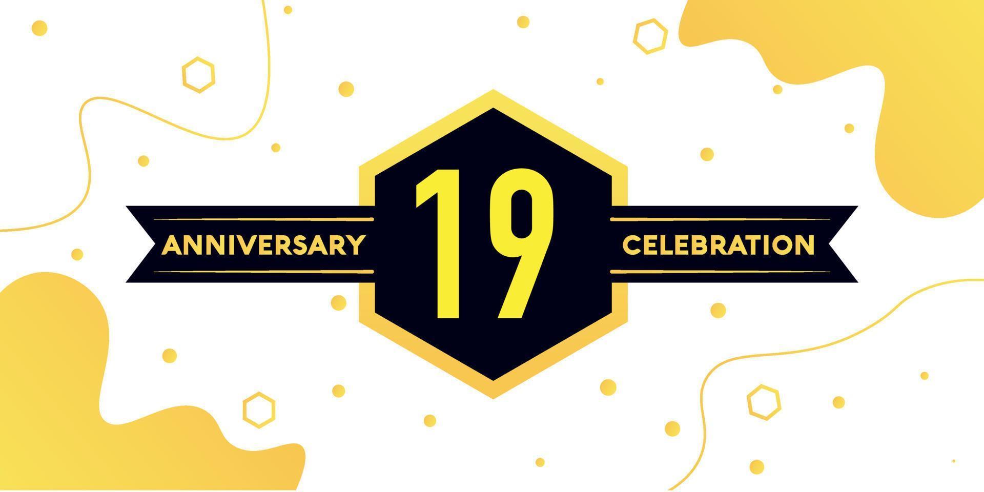 19 years anniversary logo vector design with yellow geometric shape with black and abstract design on white background template