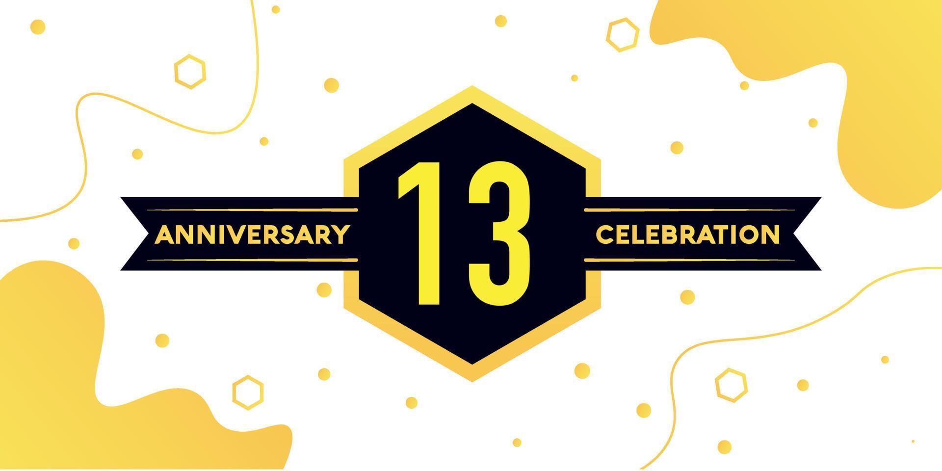 13 years anniversary logo vector design with yellow geometric shape with black and abstract design on white background template