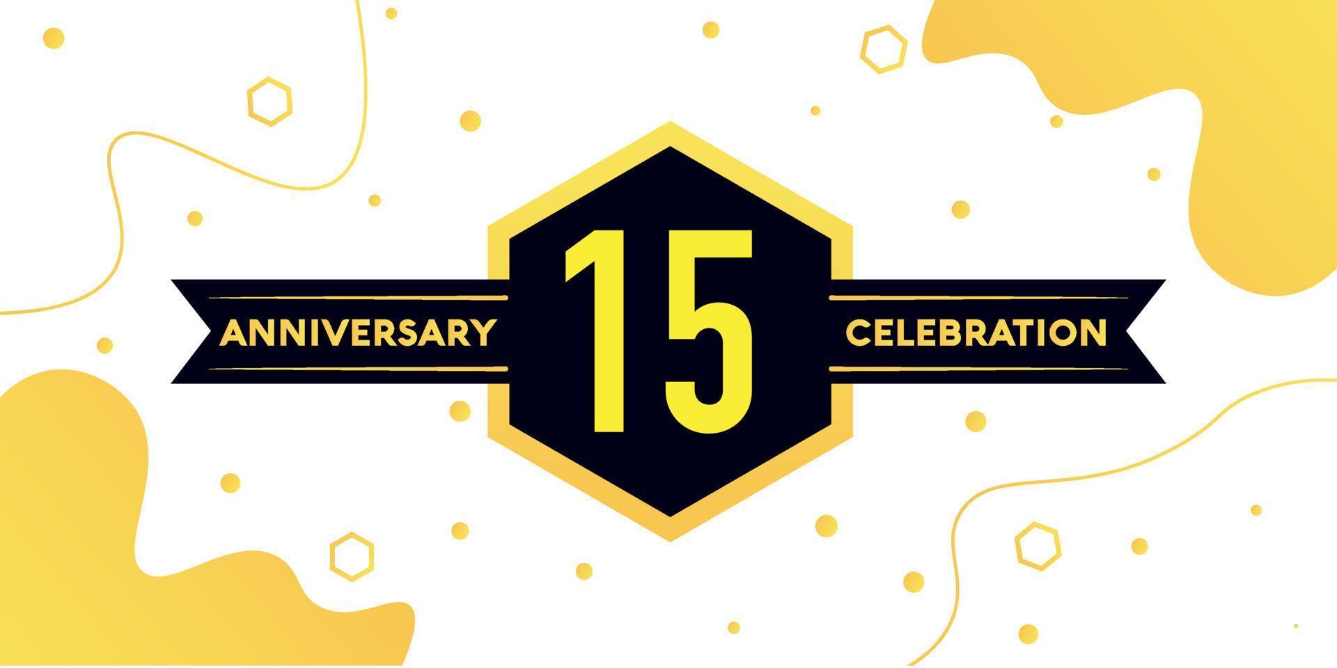 15 years anniversary logo vector design with yellow geometric shape with black and abstract design on white background template