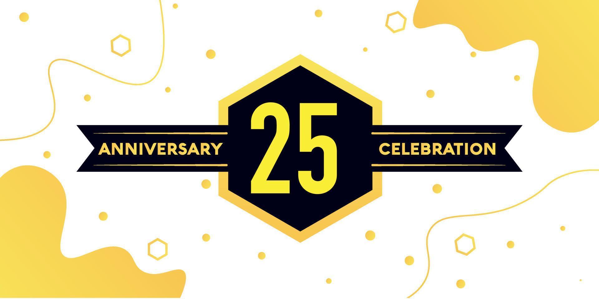 25 years anniversary logo vector design with yellow geometric shape with black and abstract design on white background template