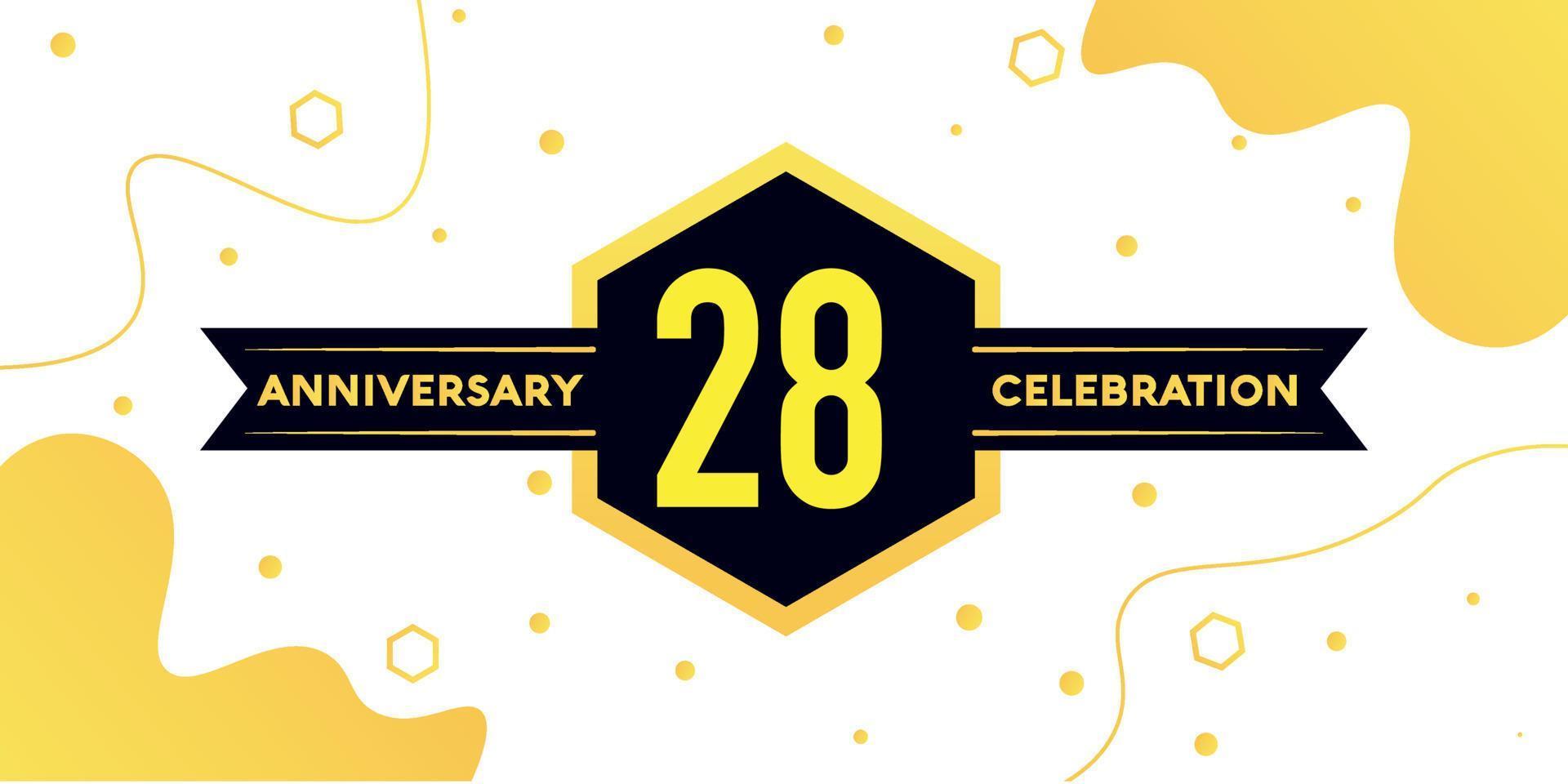 28 years anniversary logo vector design with yellow geometric shape with black and abstract design on white background template