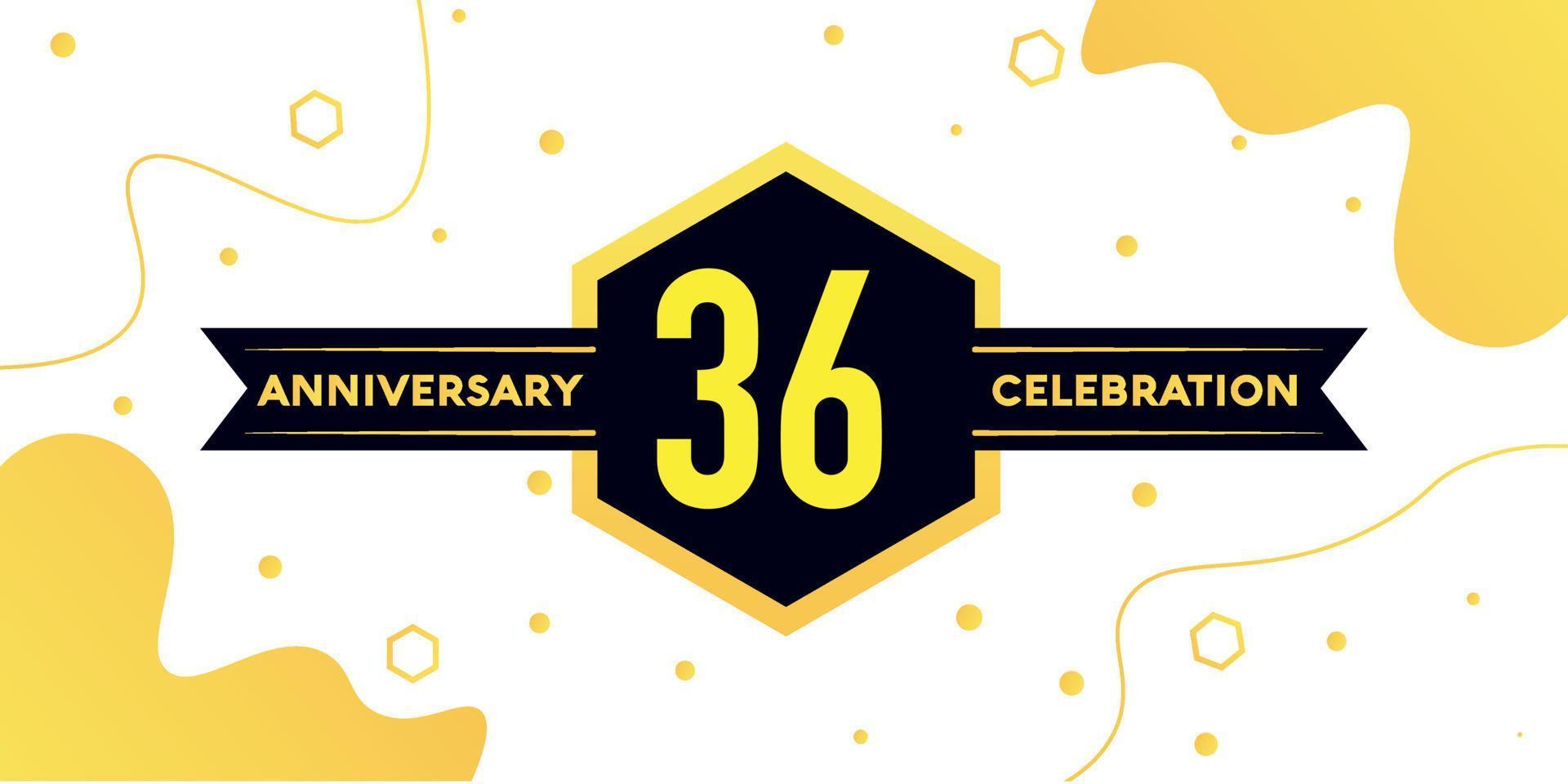 36 years anniversary logo vector design with yellow geometric shape with black and abstract design on white background template