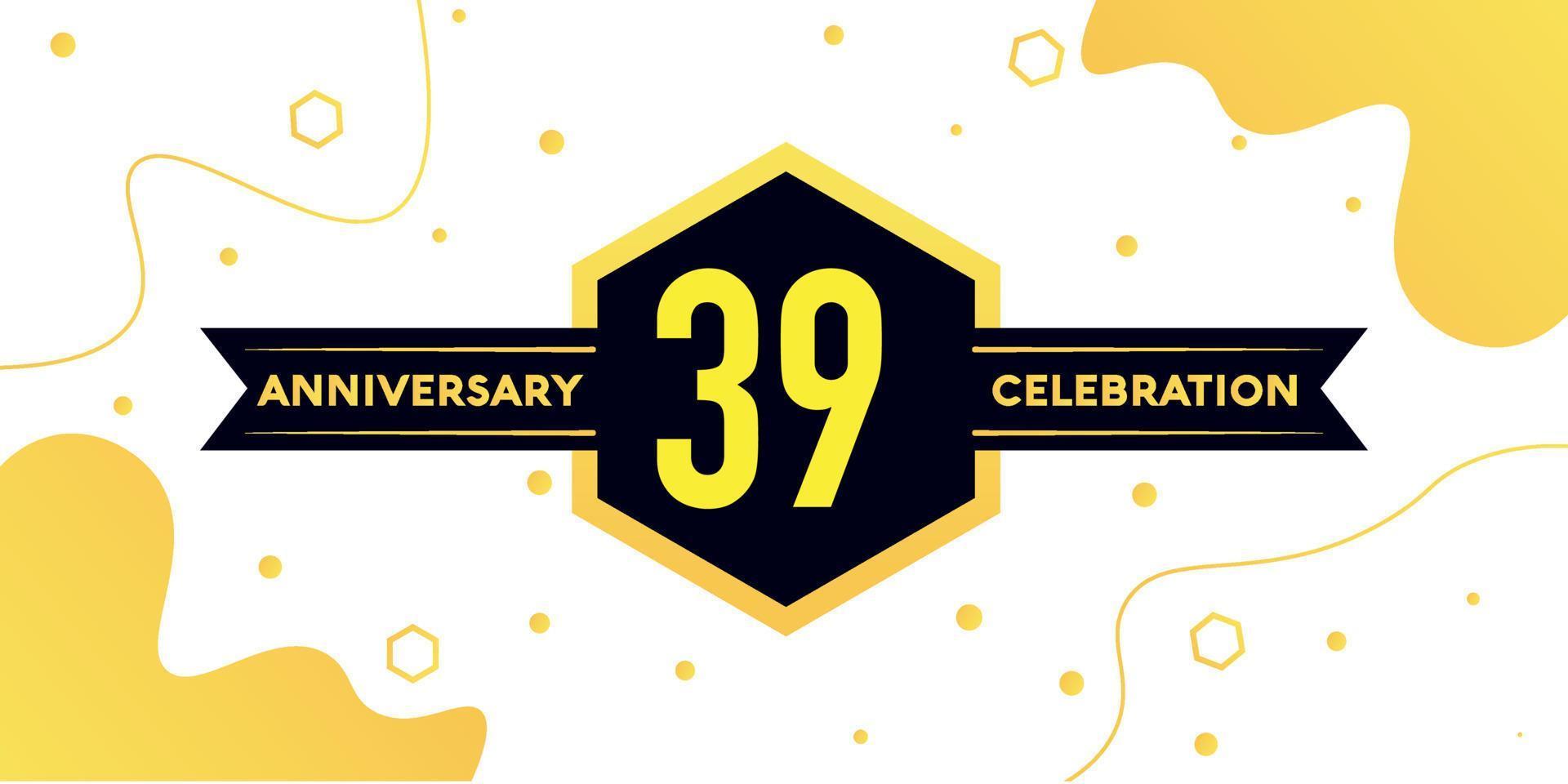 39 years anniversary logo vector design with yellow geometric shape with black and abstract design on white background template