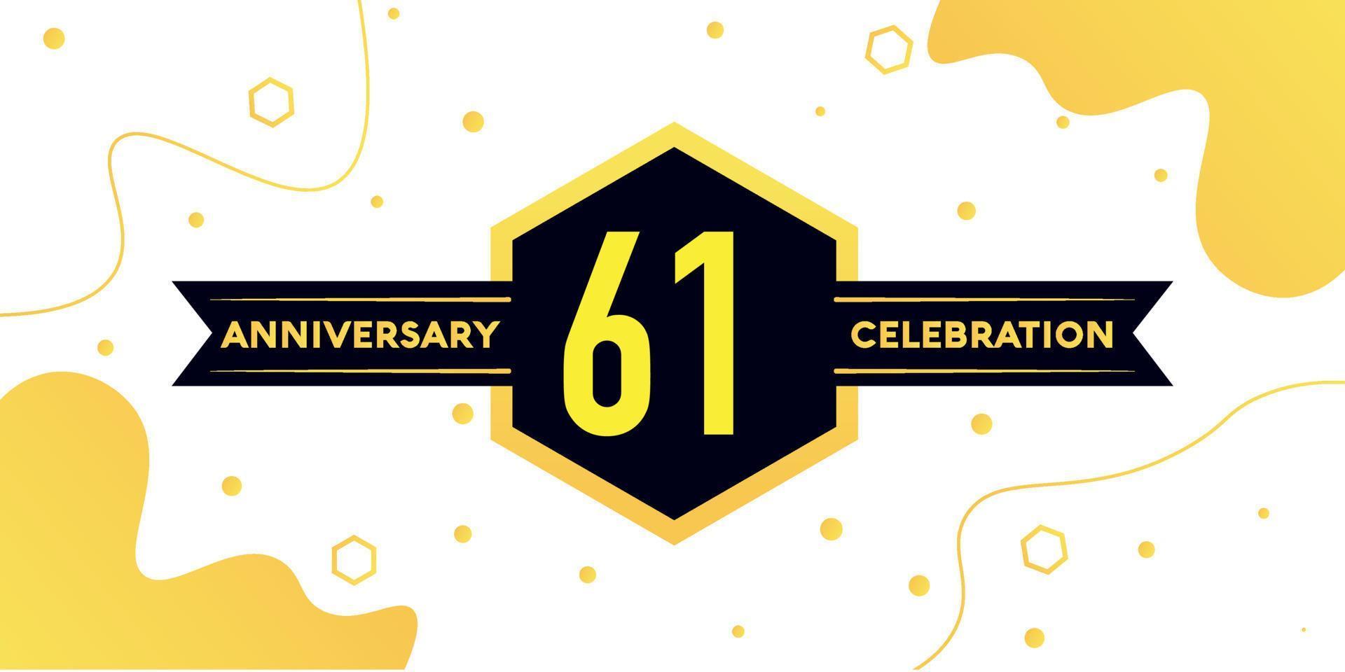 61 years anniversary logo vector design with yellow geometric shape with black and abstract design on white background template