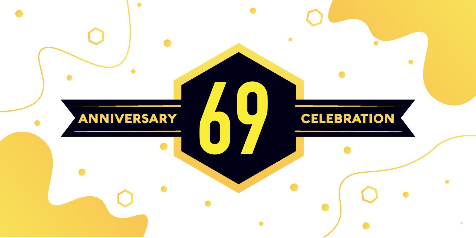 69 years anniversary logo vector design with yellow geometric shape with black and abstract design on white background template