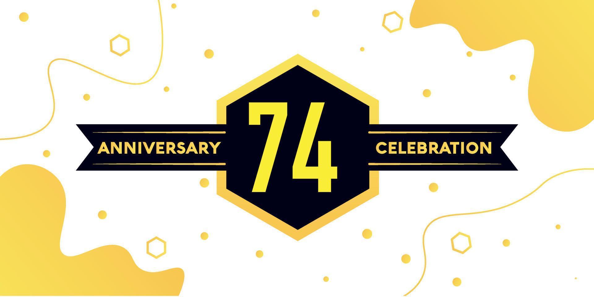 74 years anniversary logo vector design with yellow geometric shape with black and abstract design on white background template
