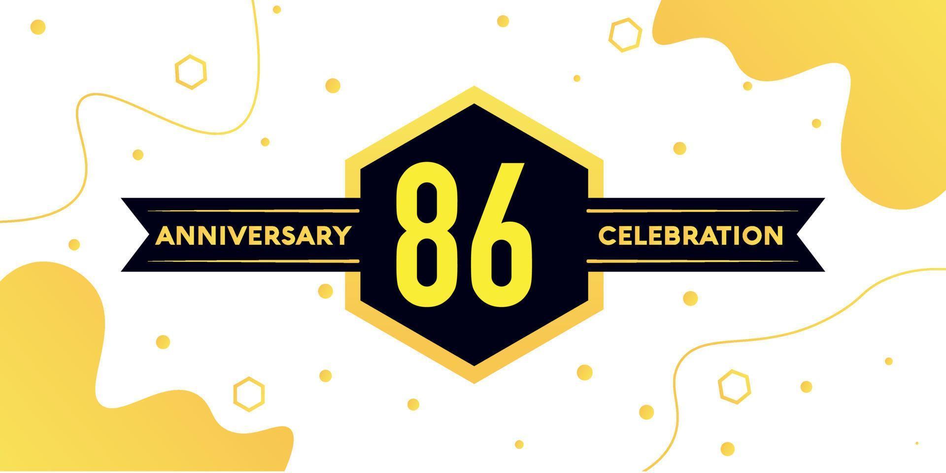 86 years anniversary logo vector design with yellow geometric shape with black and abstract design on white background template