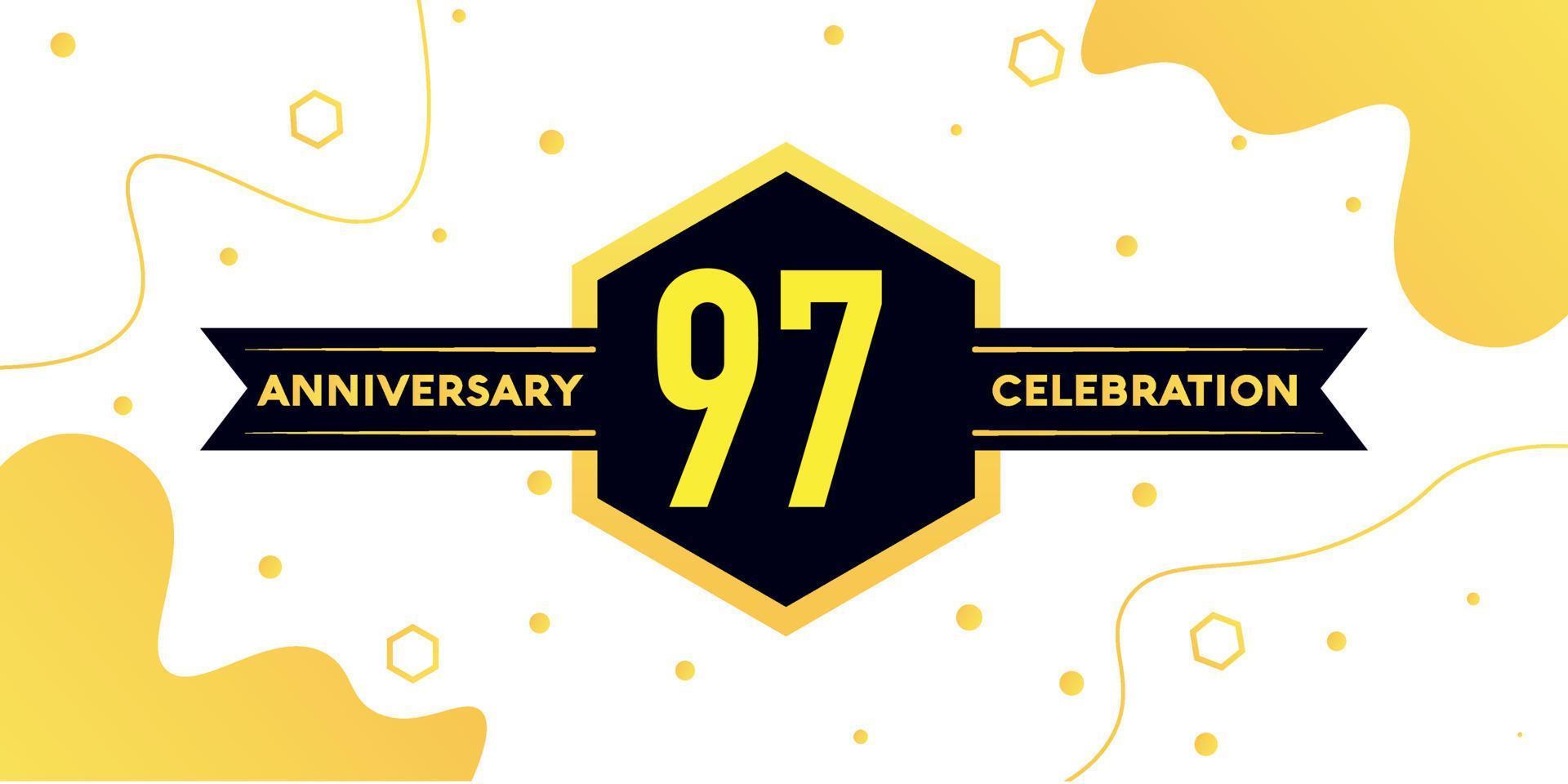 97 years anniversary logo vector design with yellow geometric shape with black and abstract design on white background template