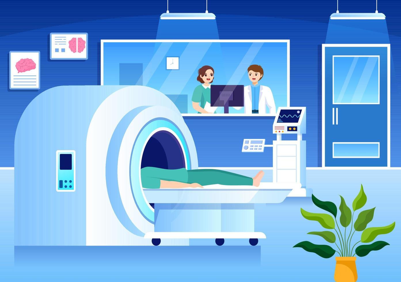 MRI or Magnetic Resonance Imaging Illustration with Doctor and Patient on Medical Examination and CT scan in Flat Cartoon Hand Drawn Templates vector