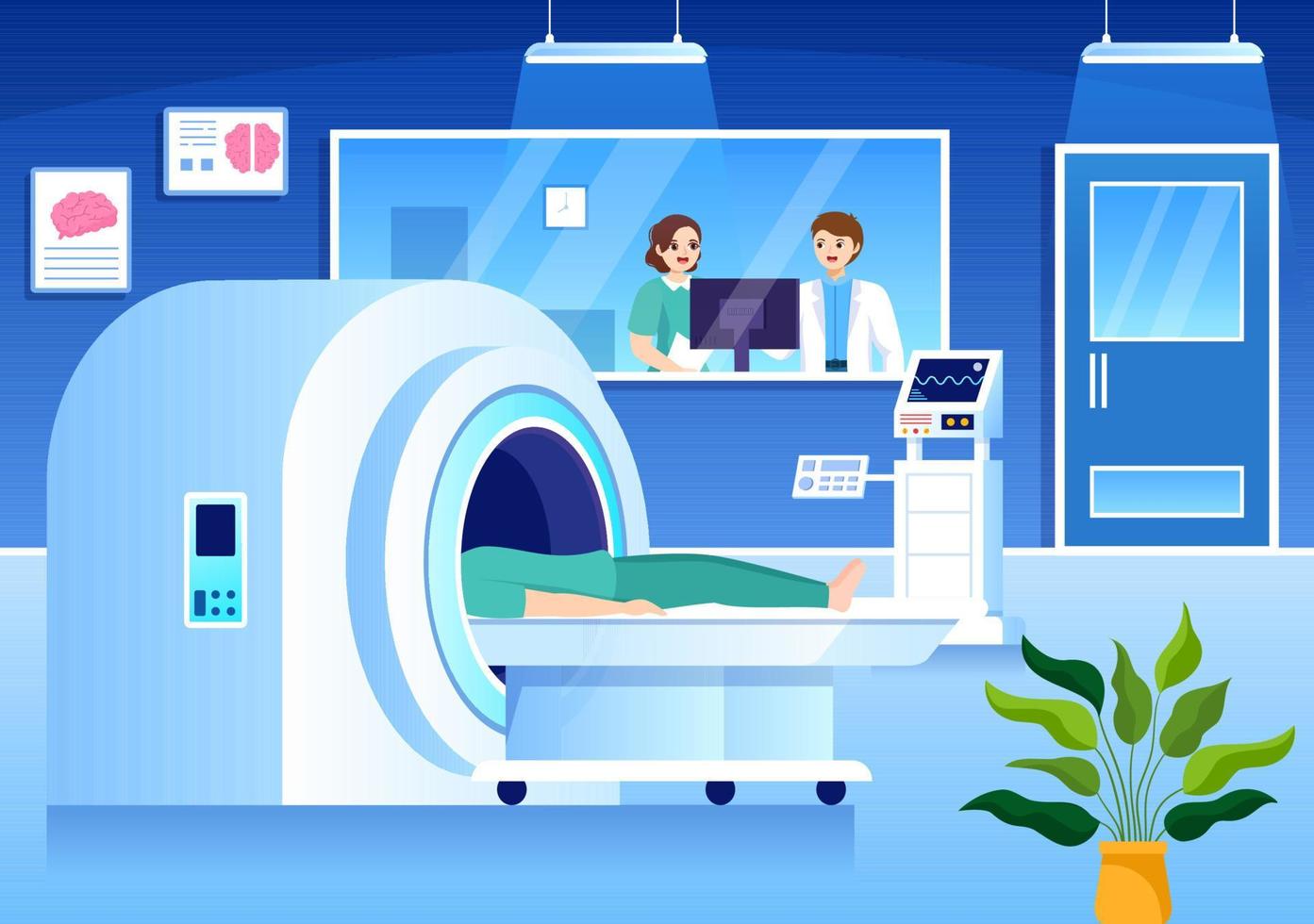 mri o magnético resonancia imagen ilustración con médico y paciente en médico examen y Connecticut escanear en plano dibujos animados mano dibujado plantillas vector