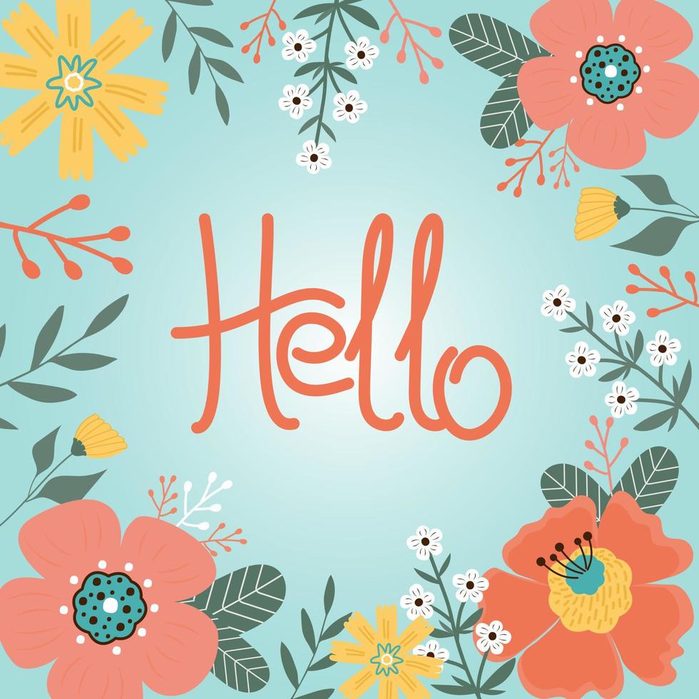 Hello spring. Hello summer. Fowers and leaves on blue background. vector