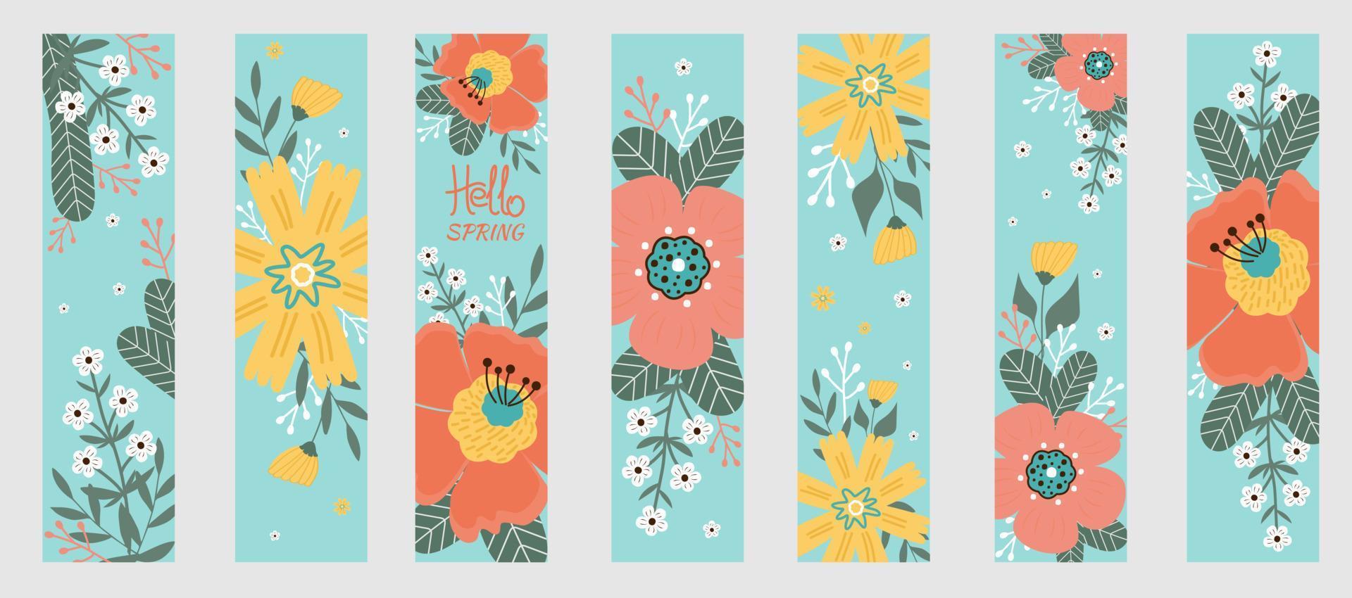 Set spring bookmarks. Hello spring. Spring flowers, leaves. vector