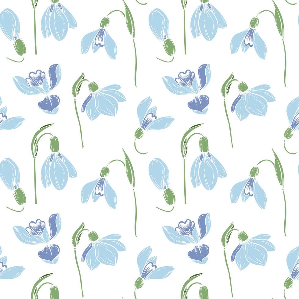 Seamless pattern background with  first spring flowers. Snowdrops vector color graphic illustration