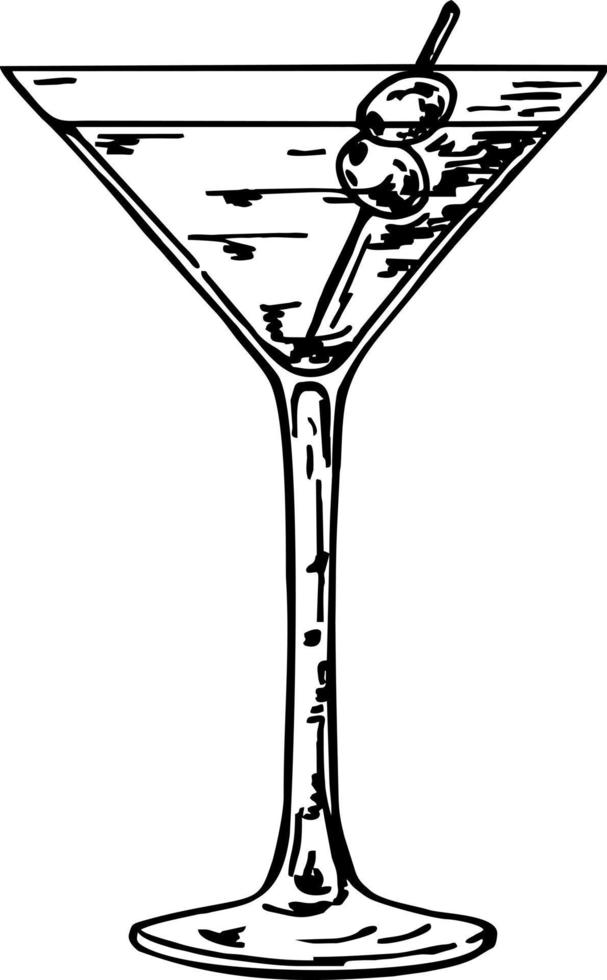 Martini glass with olives. Hand drawn alcohol cocktail. Hand drawn black color martini cocktail with olive. Vintage style vector