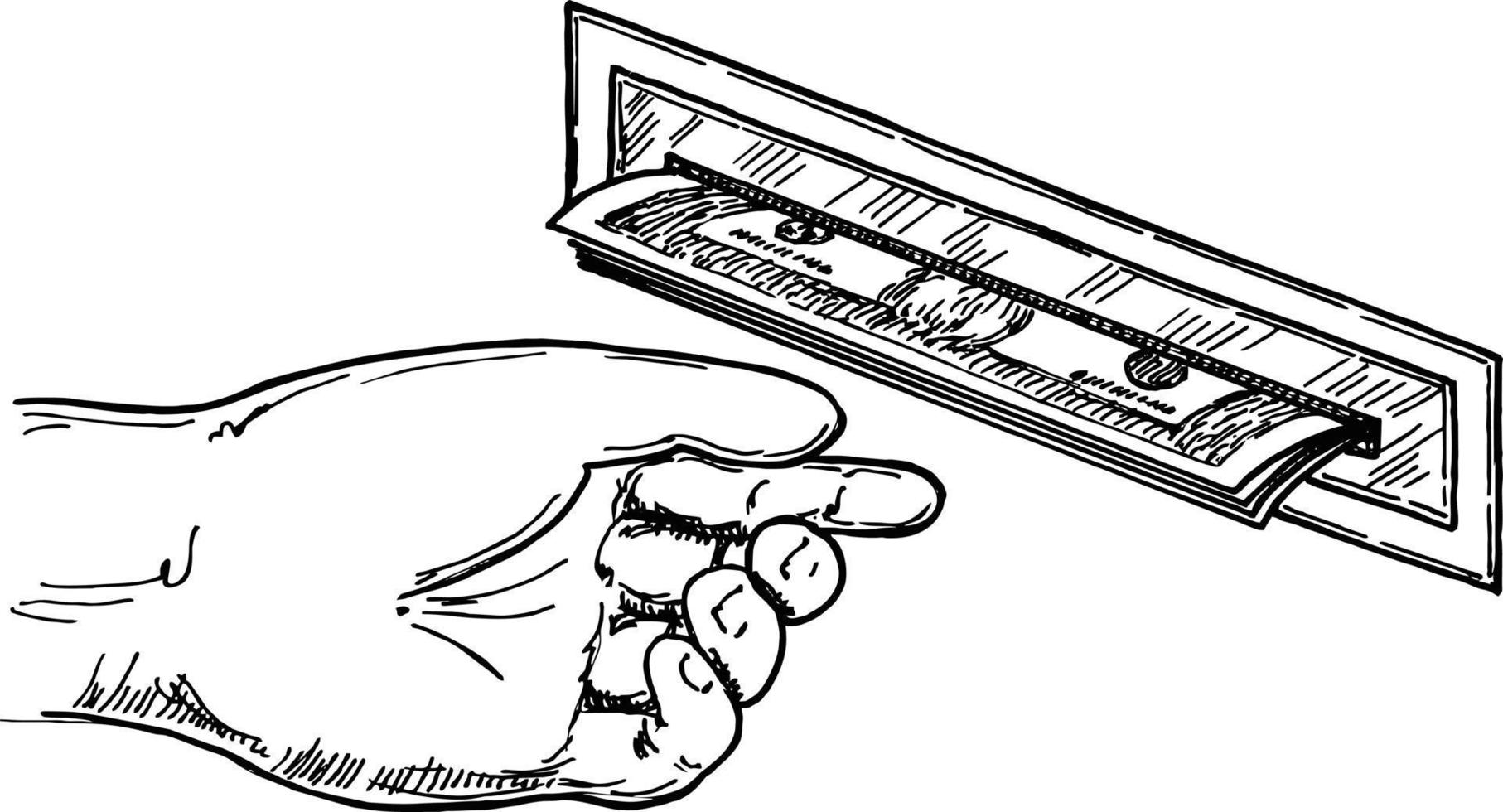 Hand taking cash from ATM. Withdraw money from ATM slot. Payment banking finance money, ATM machine money deposit or withdrawal vector
