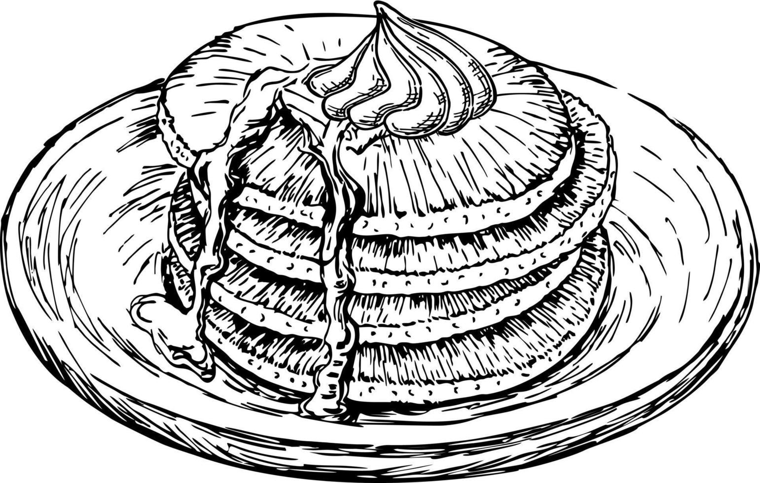 Stack of pancakes with maple syrup and piece of butter. Breakfast pancakes with syrup and butter on a plate sketch vector