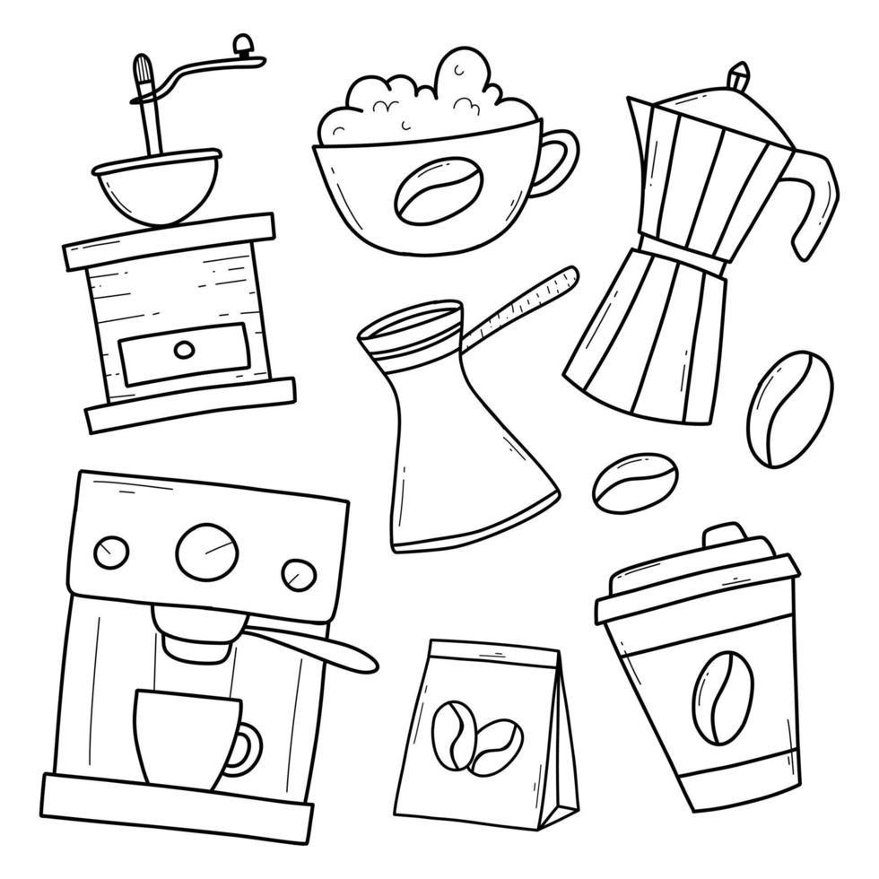Set of coffee in doodle style. Linear collection of elements for making coffee. Vector illustration. Coffee time. Coffee grinder, maker, machine, beans,cup.