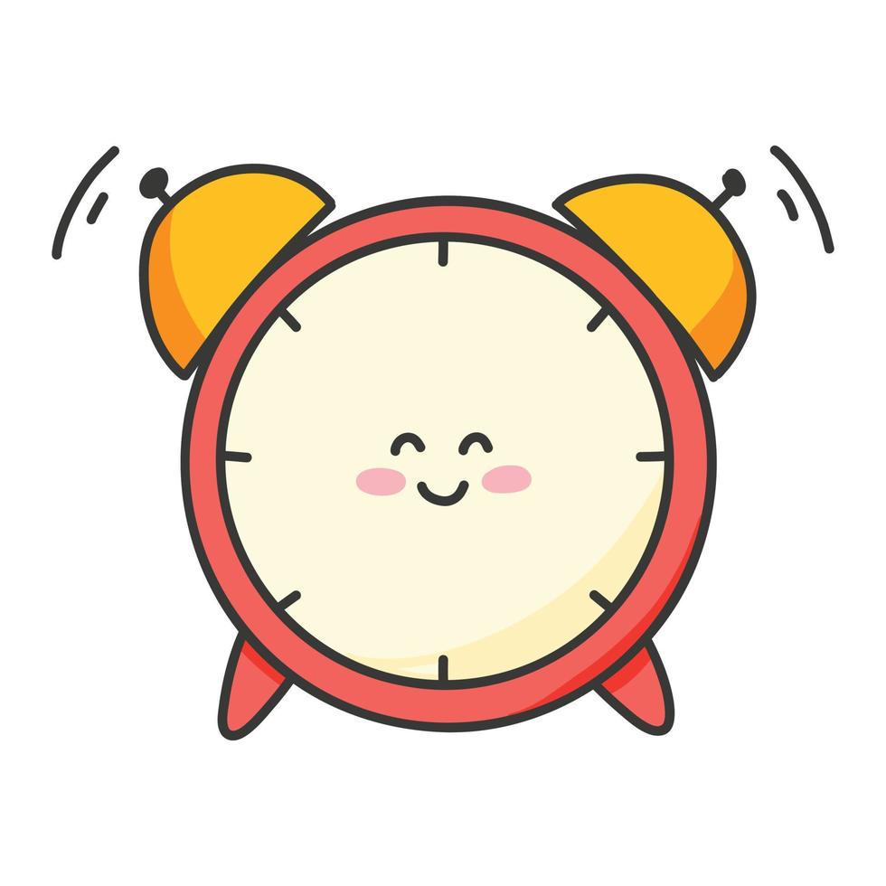 Kawaii style alarm clock. Alarm clock character with smile in cartoon style. Vector illustration.