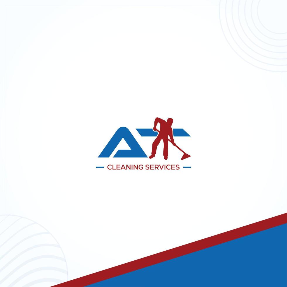 AT TA with cleaner man Letter Cleaning services Logo Template In Modern Creative Minimal Style Vector Design