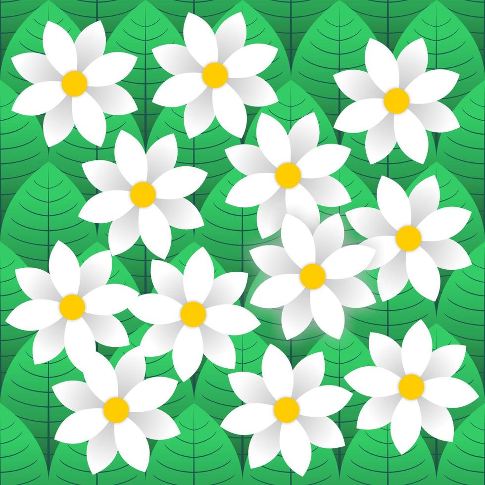 Seamless design of jasmine flower on green leaf background vector