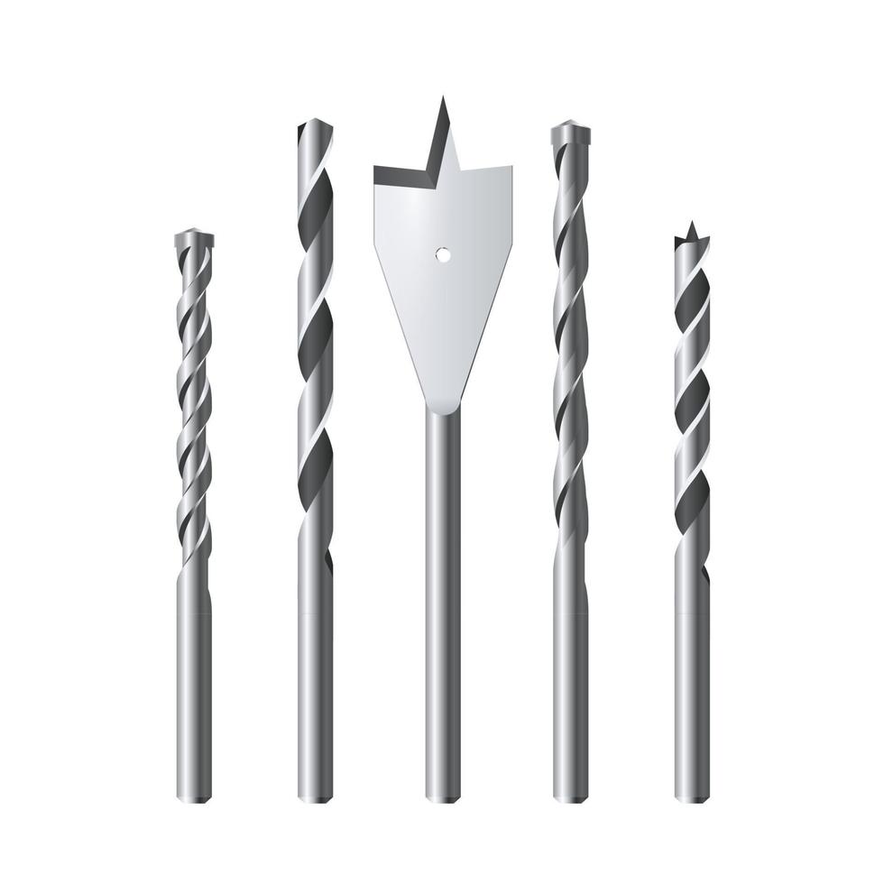 Set of realistic steel Drill Bits  Vector illustration isolated on white background