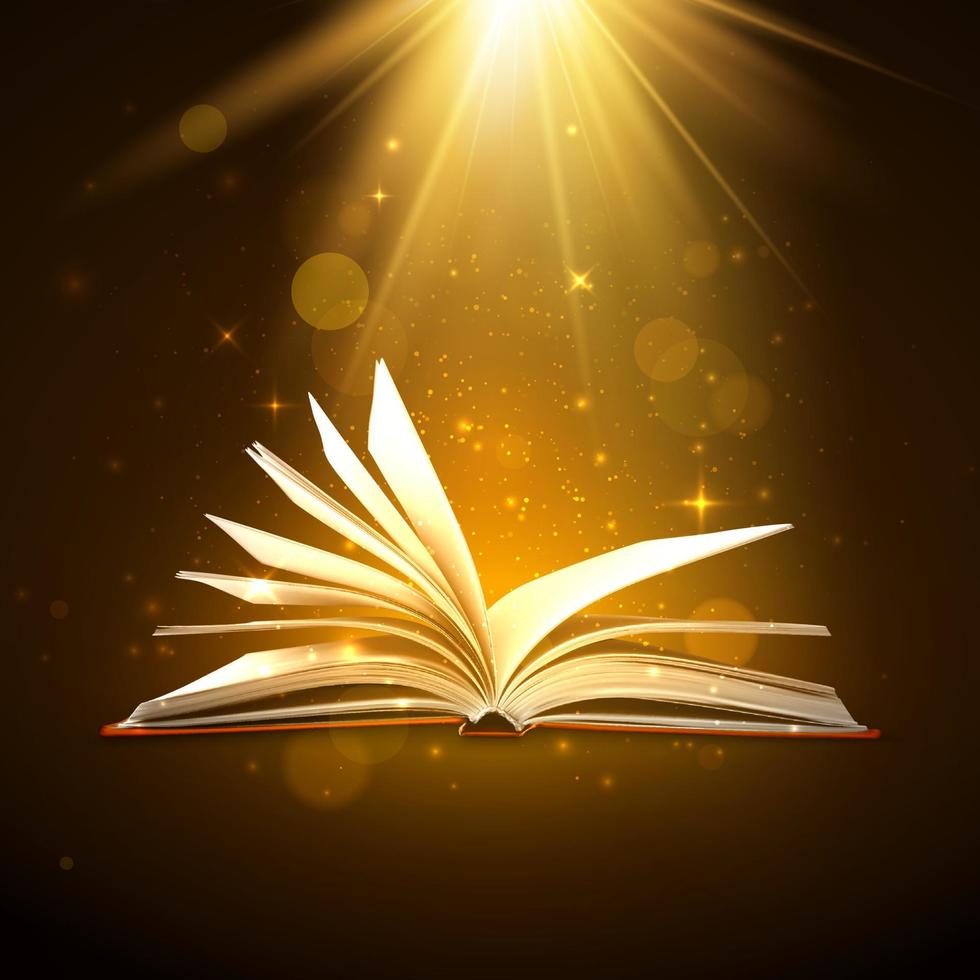 Open book with shining pages in brown colors. Fantasy book with magic light sparkles and stars. Vector illustration