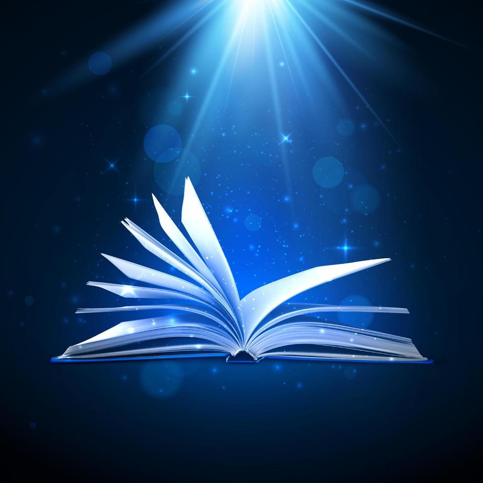 Open magic book on blue background. Fantasy light and sparkles. Vector illustration